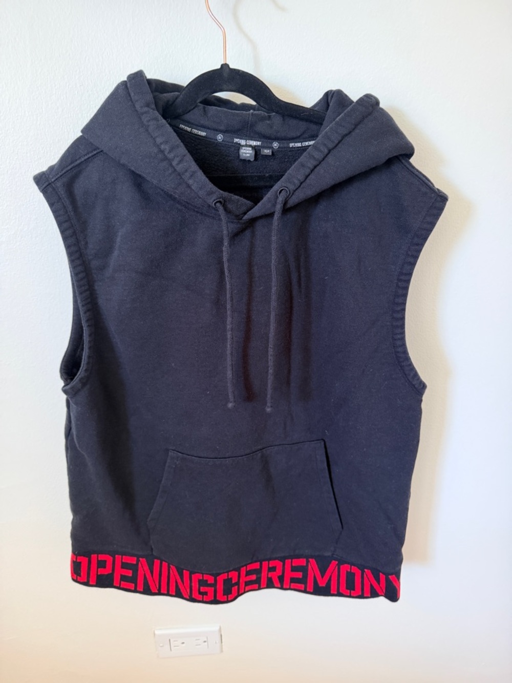 Opening Ceremony Black Hooded Sleeveless Sweatshirt with Red Logo Sz Small